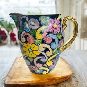 RARE Antique Hand-Painted Floral Majolica Ceramic Pitcher Jug Spode Copeland
